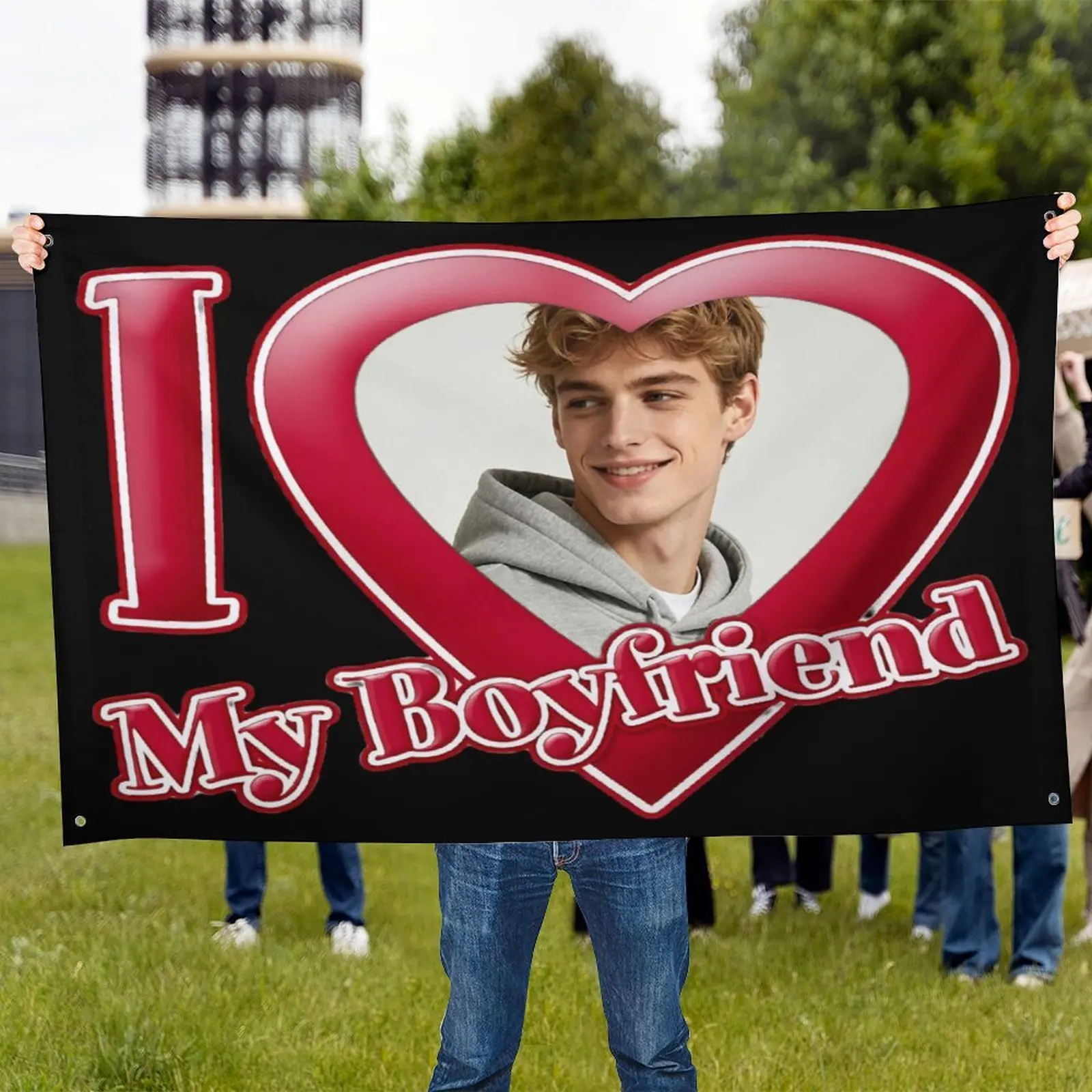 Custom Multicolor Photo Flag Banner Personalized I Love My Boyfriend Tapestry Funny Room Decor Gift Durable Polyester 4 Eyelets
