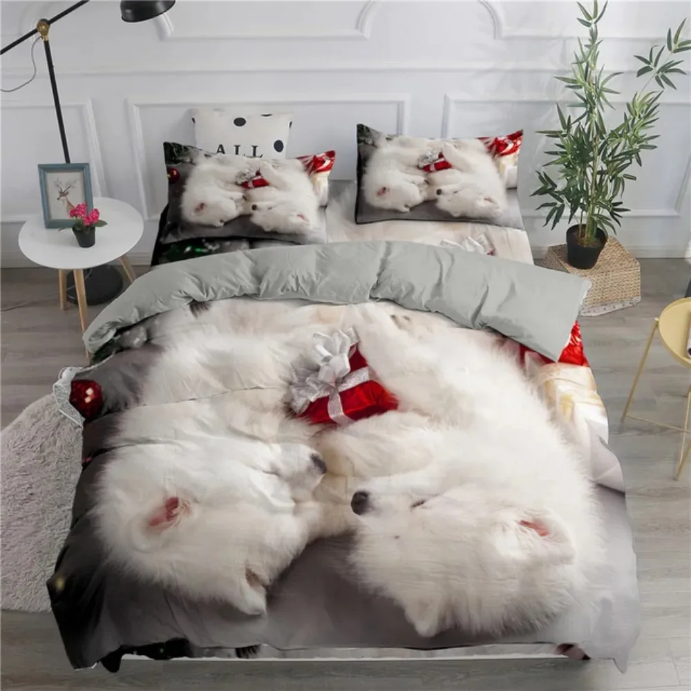 Cute White Dogs Bedding Set Lovely Puppy Husky Comforter Set King Queen Size Duvet Cover Set with Pillowcase Bed Linen for Girls