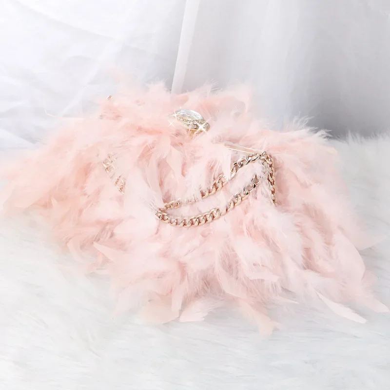 Fairy Feather Evening Bag Women Luxury Diamond Studded Fuzzy Clutch Bags Cocktail Prom Wedding Party Handbags Fluffy Purses