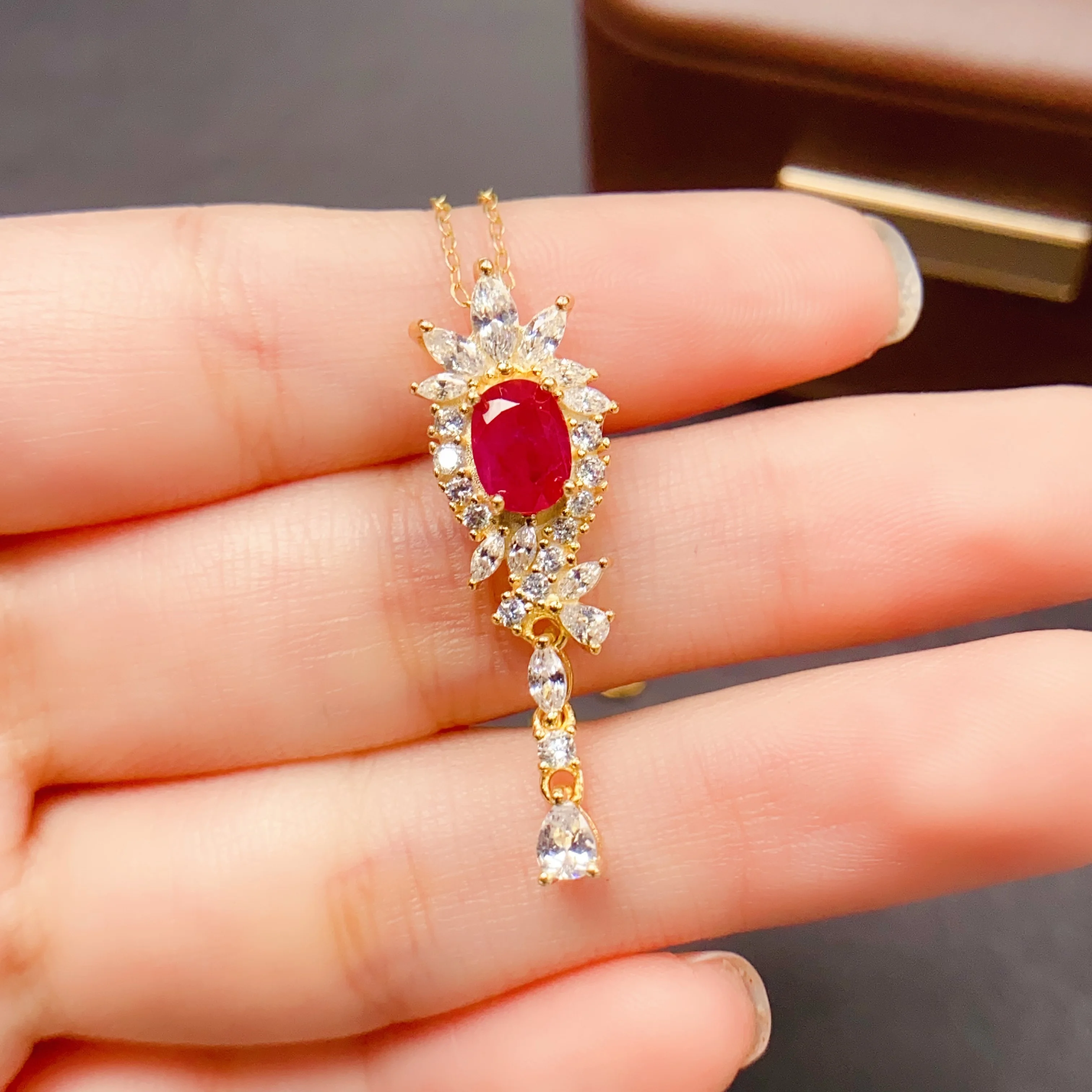 

5*7mm Natural Ruby Pendant Necklace S925 Sterling Silver Certificate Luxury Zircon Fine Fashion Charm Weddings Jewelry for Women