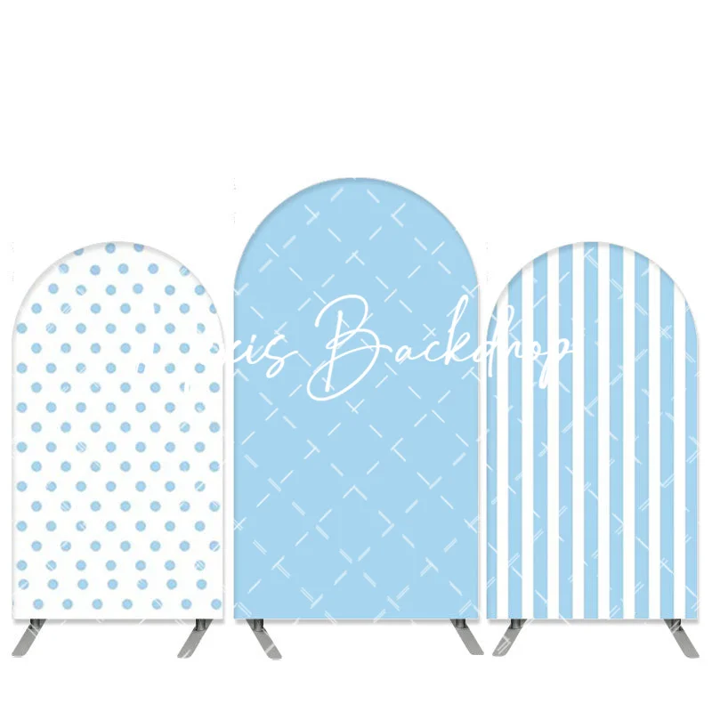 

Light Blue Dots Stripe Arch Backdrop Cover Vertical Pastel Pure Blue Banner for Newborn Baby Shower Boys Birthday Decorations