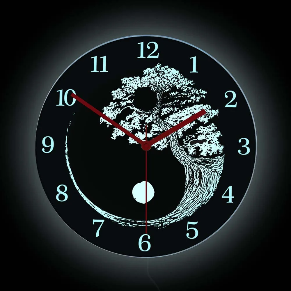 Yin Yang Bonsai Tree Of Life LED Night Light Wall Clock China Taoism Tai Chi Spirit Soul Zen Home Decor Illuminated Wall Watch