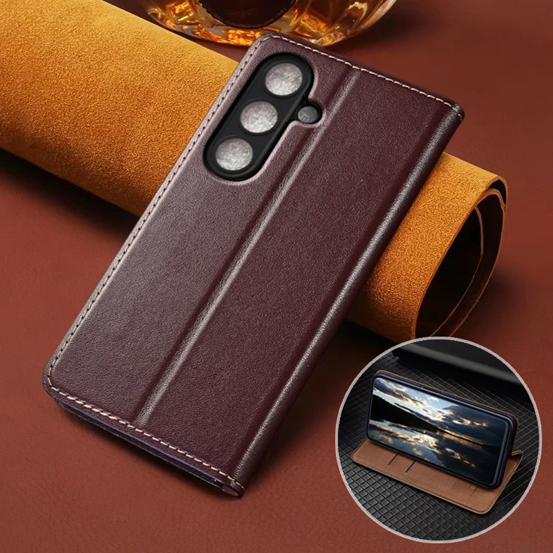 

For SAMSUNG Galaxy A17 5G Flip Case Napa Texture Magnetic Book Cover Luxury Cowhide Genuine Leather Card Pocket Wallet Cases