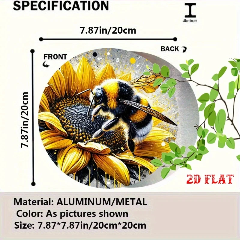 2D flat, 1 piece vintage bee and sunflower metal wall art - rustic farmhouse decor with bumblebee and pollination design, 19.99cm circular