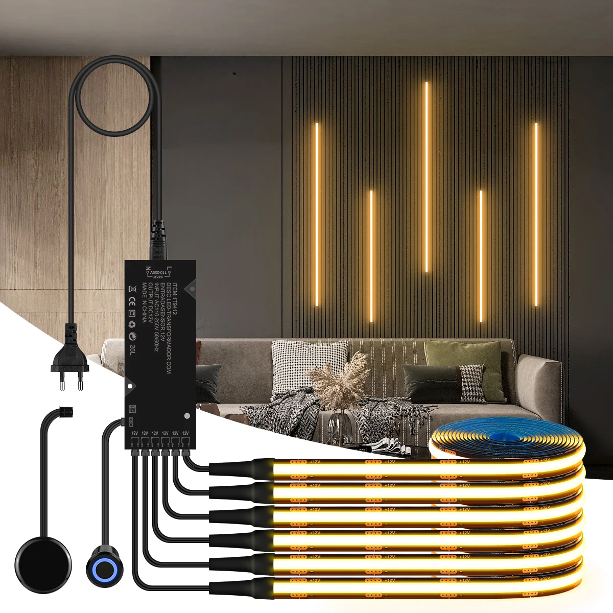 Fita de Luz LED Embutida e Montada na Parede 2 em 1 com Toque, Fita COB Preta Oculta para Estante de Livros e Armário, Presente: 1 Controlador