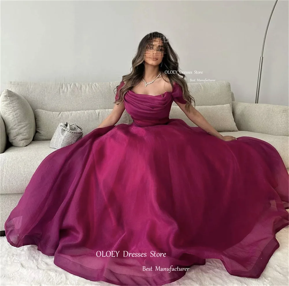 OlOEY Saudi Arabic Women Fuschia Organza Silk Evening Dresses Off the Shoulder Floor Length Prom Gowns Long Formal Party