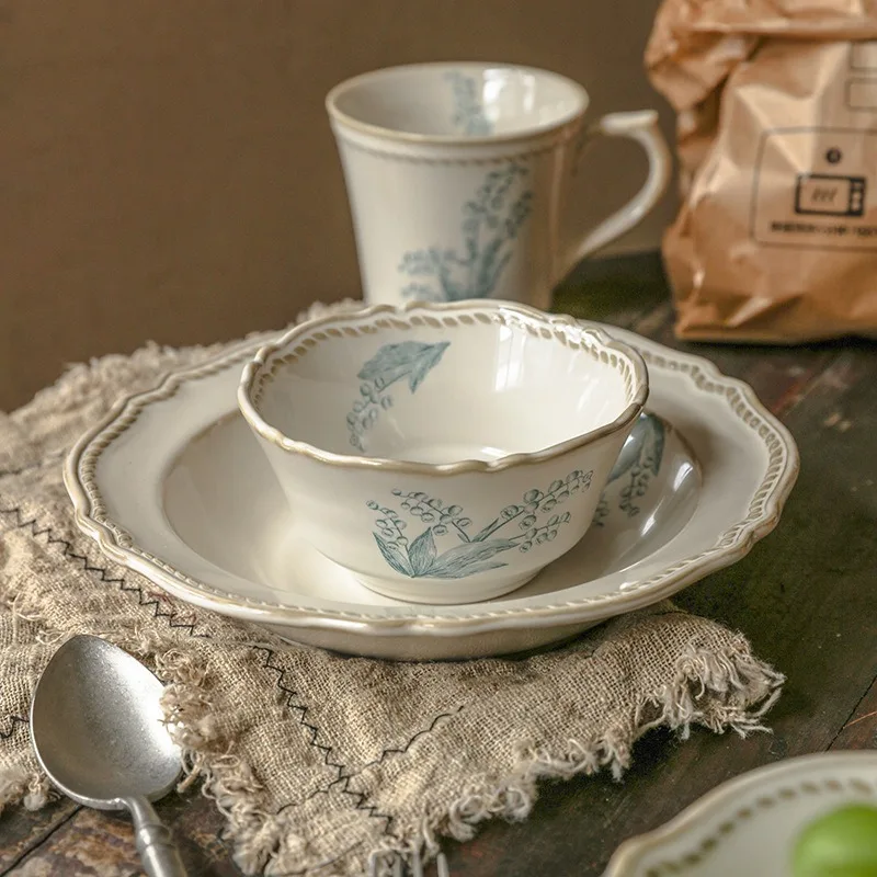 

French retro lily of the valley ceramic tableware set, rice bowl, fish plate