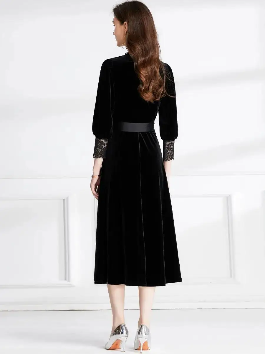 Women's Long Sleeve V Neck Single Breasted Lace Up Belt Pocket Dress French Elegant A Line Black Velvet Evening Party Vestidos