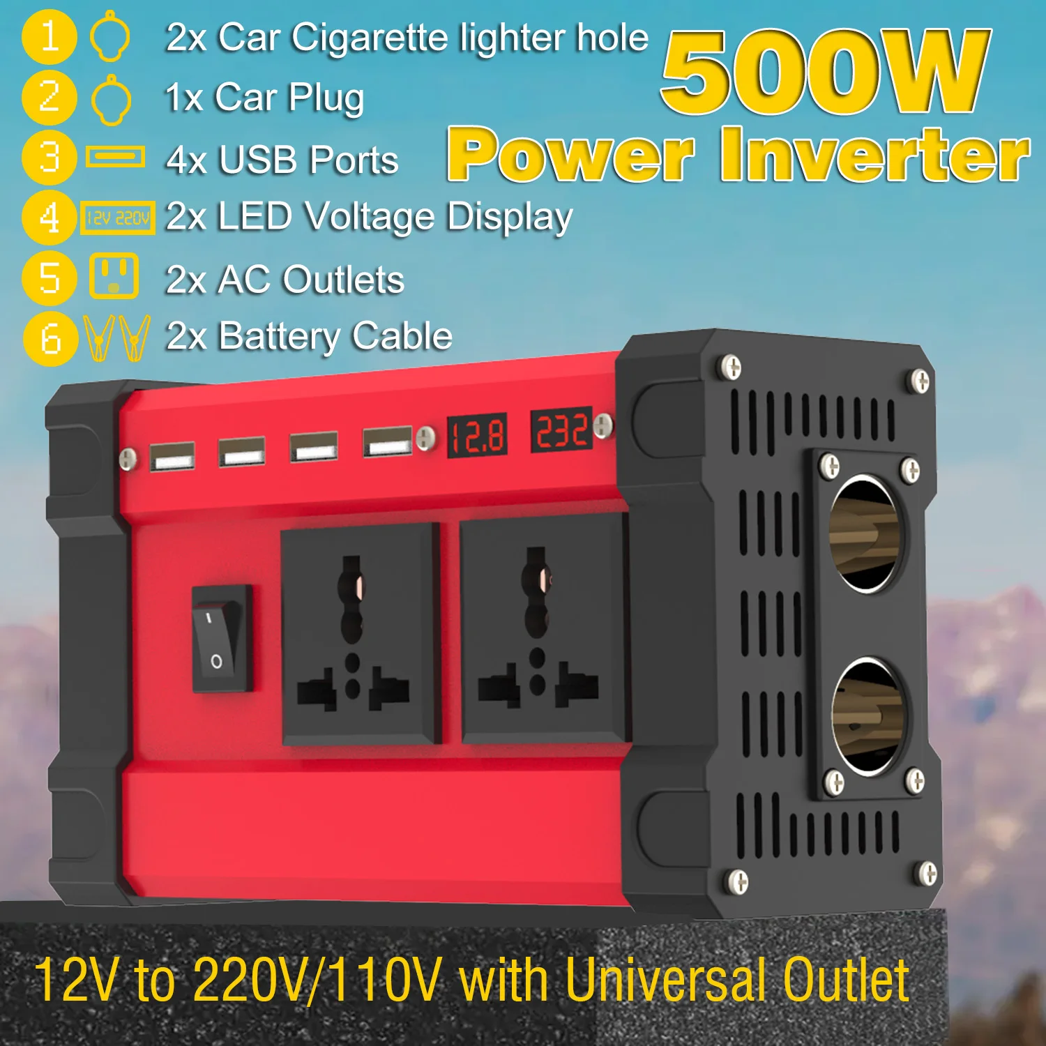 KMIND Car Power Inverter 12V to 220V/110V Converter 300W/500W Modifed Sine Wave With Voltage Display for Solar Auto Home