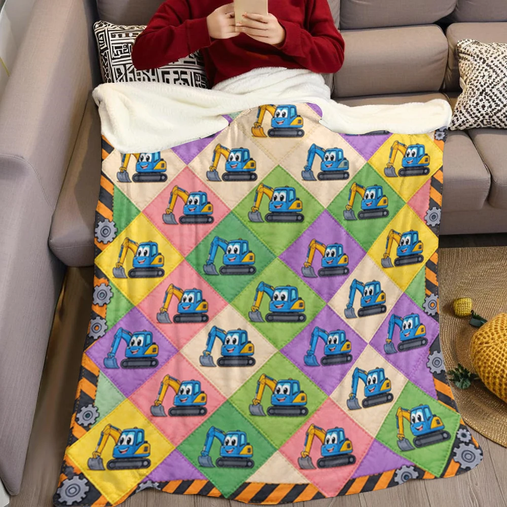 Blue Excavator Bolt Grid Flannel Blanket Perfect for Sofa Office Bed Travel Sleep Read Relax Camping Four Season Use