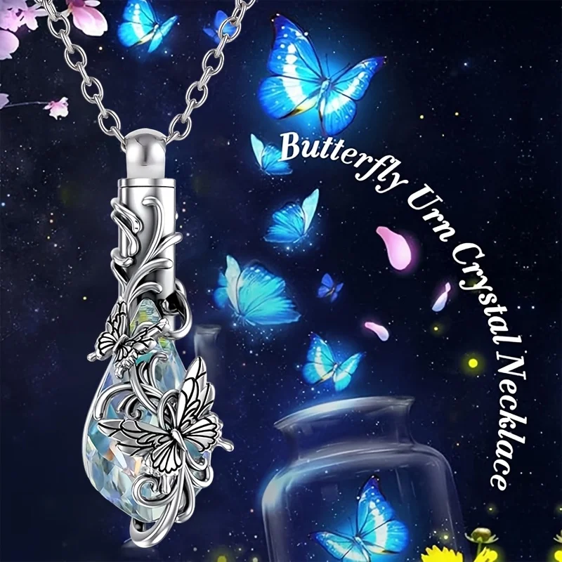 1 Uds. Collar de urna de cristal Animal para cenizas, collar de cremación de mariposa, soporte de urna en forma de lágrima, collares para mujeres, joyería conmemorativa