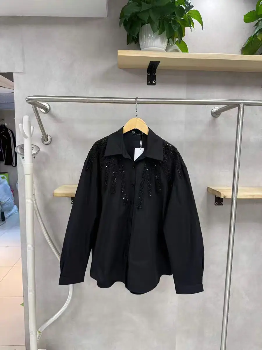 2026 ربيع خريف الاتجاه الجديد الترتر التطريز قمصان قطنية البلوزات للنساء كم طويل فضفاض بلايز عادية ملابس امرأة