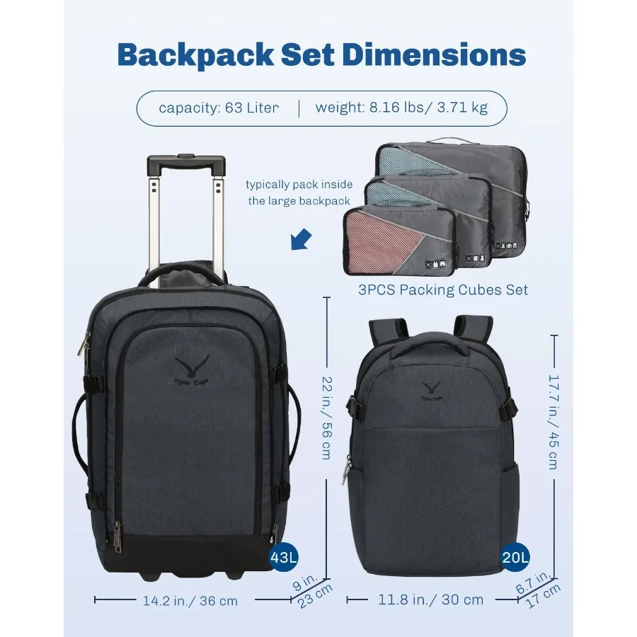 2 في 1 حقيبة السفر 22 بوصة تحمل على الأمتعة 63L حقيبة ظهر متدحرجة للرجال والنساء مع مكعبات التعبئة مجموعة 3 قطع #3