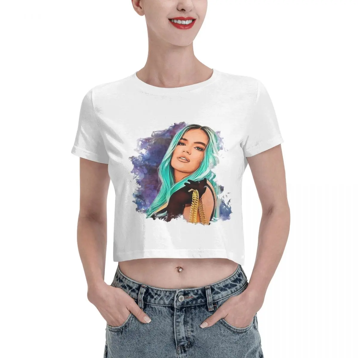 

Singer Karol G Graphic Bichota Leak navel T-shirt, Womens Summer Cotton Tee Fashion Crew Neck Short Sleeve T Shirts