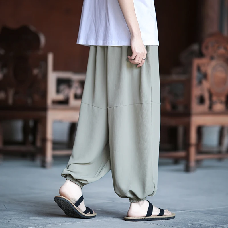 

Брюки из ледяного шелка, мужские летние широкие брюки, мужские повседневные шаровары Dark Wind, брюки в китайском стиле, мужские брюки-фонарики