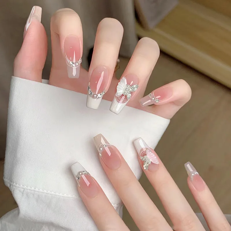 24Pcs Fake Nails Blush Pink Gradient French Tips with Press-On Butterfly Rhinestones Perfect Gift for Girls and Friends