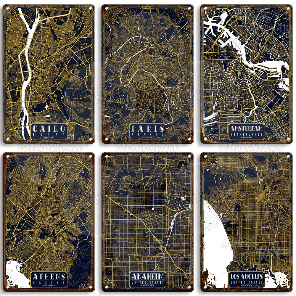 Vintage City Map Metal Tin Sign Paris London LA Seoul Cairo Athens Taipei Jakarta Bristol Tucson Zagreb Amsterdam Wall Decor