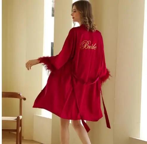 Wedding Party Bride Bridesmaid Robe Embroidery Kimono Female Satin Bathrobe Loose Sleepwear Gown Feather Fashion Home Dress