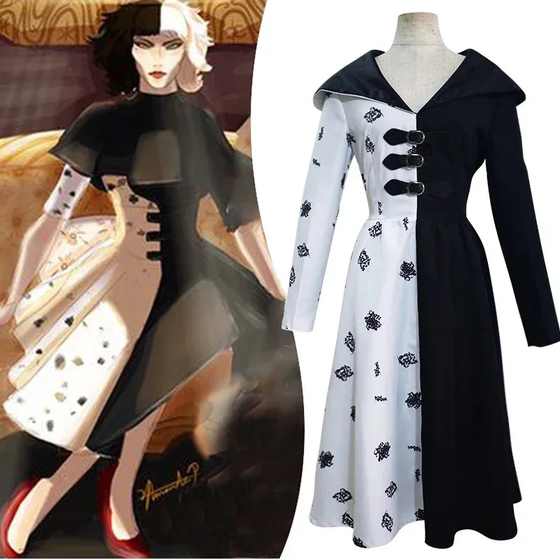أزياء Bear's Den Cruella De Vil التأثيرية للنساء فستان خادمة أسود وأبيض مع قفازات تنورة بقلنسوة باروكات ملابس القاعة جديد 2025