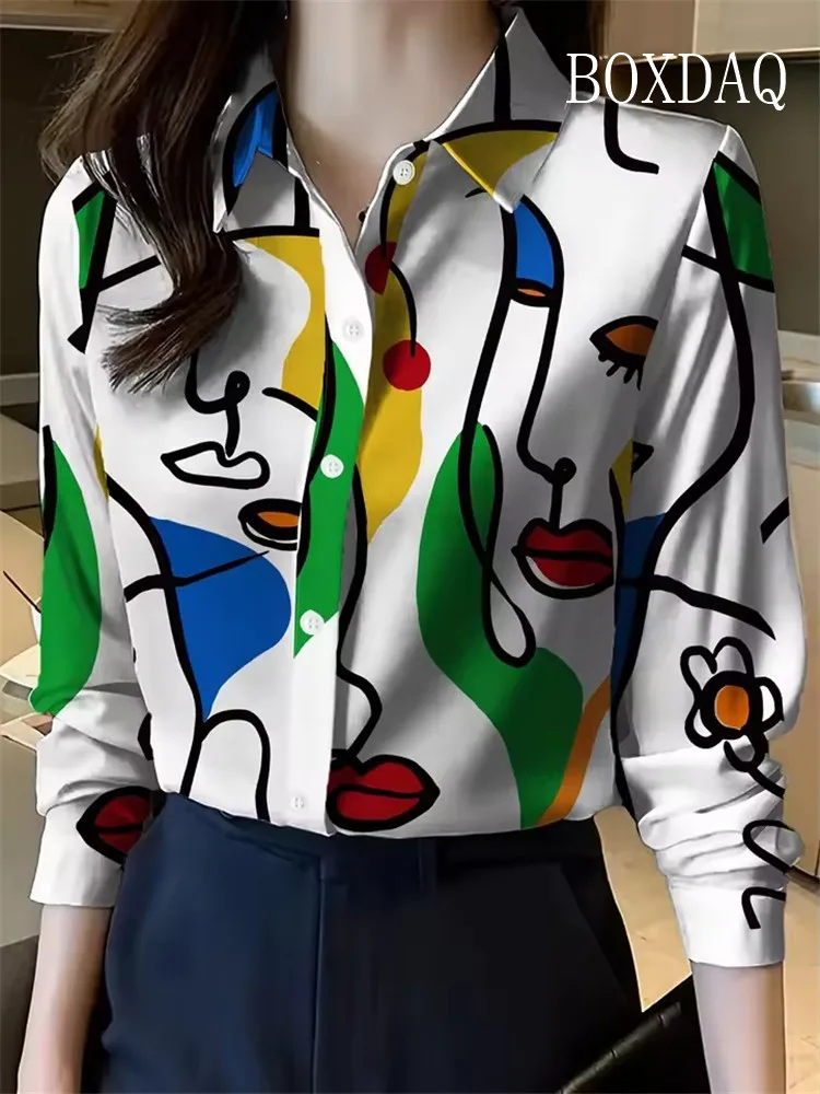 Spring Autumn Women's Blouse Fashion Women's Painted Abstract Faces Print Button Shirts Fun Casual Long Sleeve Loose Women Shirt