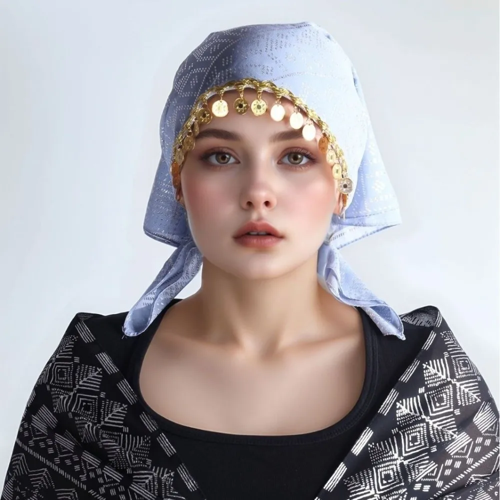 Fashion Polyester Triangle Headscarf Floral Print Breathable Golden Beaded Hijab Lightweight Sequin Elegant Turban Hat Eid Gift