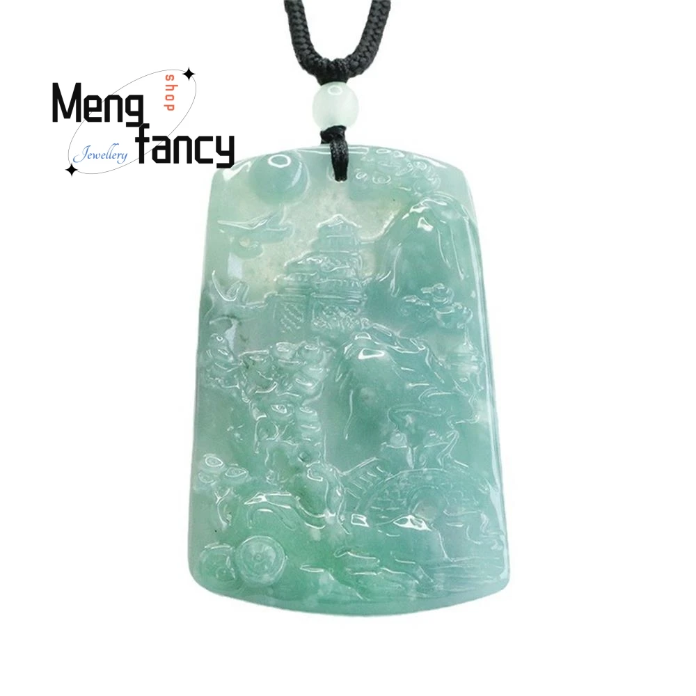 Natural A-goods Jadeite Pendant Blue Water Landscape Plaque Pendant Exquisite High-grade Luxury Fashion Jadeite Holiday Gifts