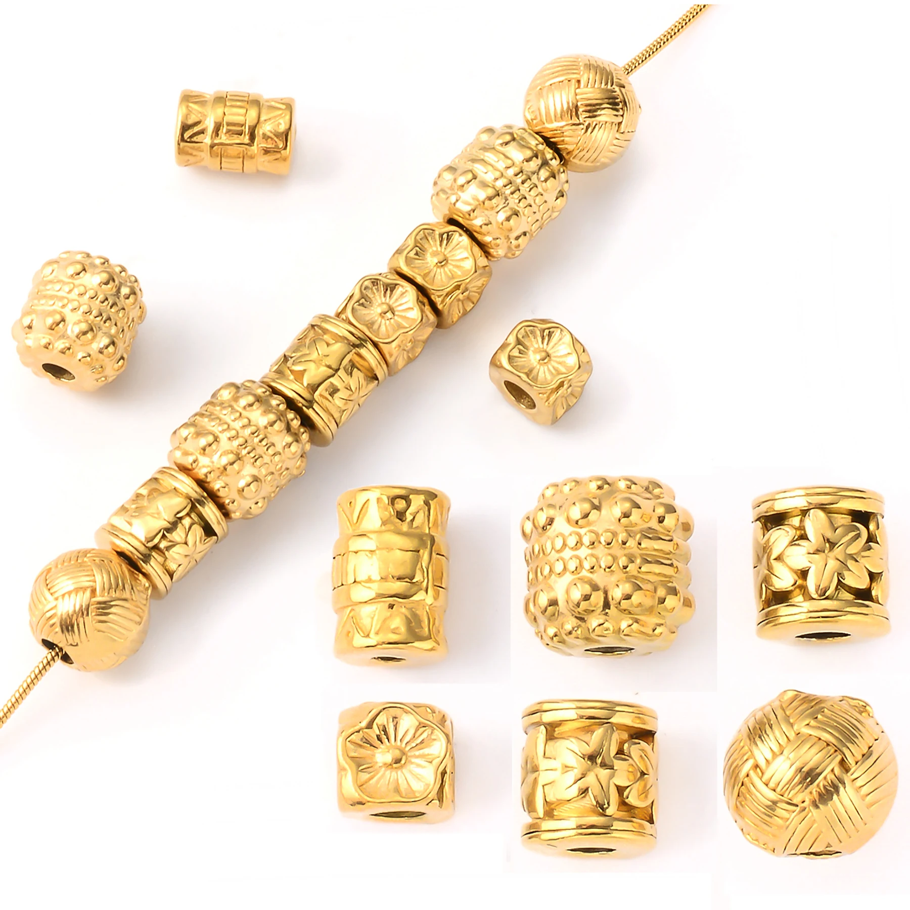 10pcs Gold Plated Cylinder Tube Flower Ball Beads for Handmade Making Bracelet Necklace Metal Stainless Steel Accessories