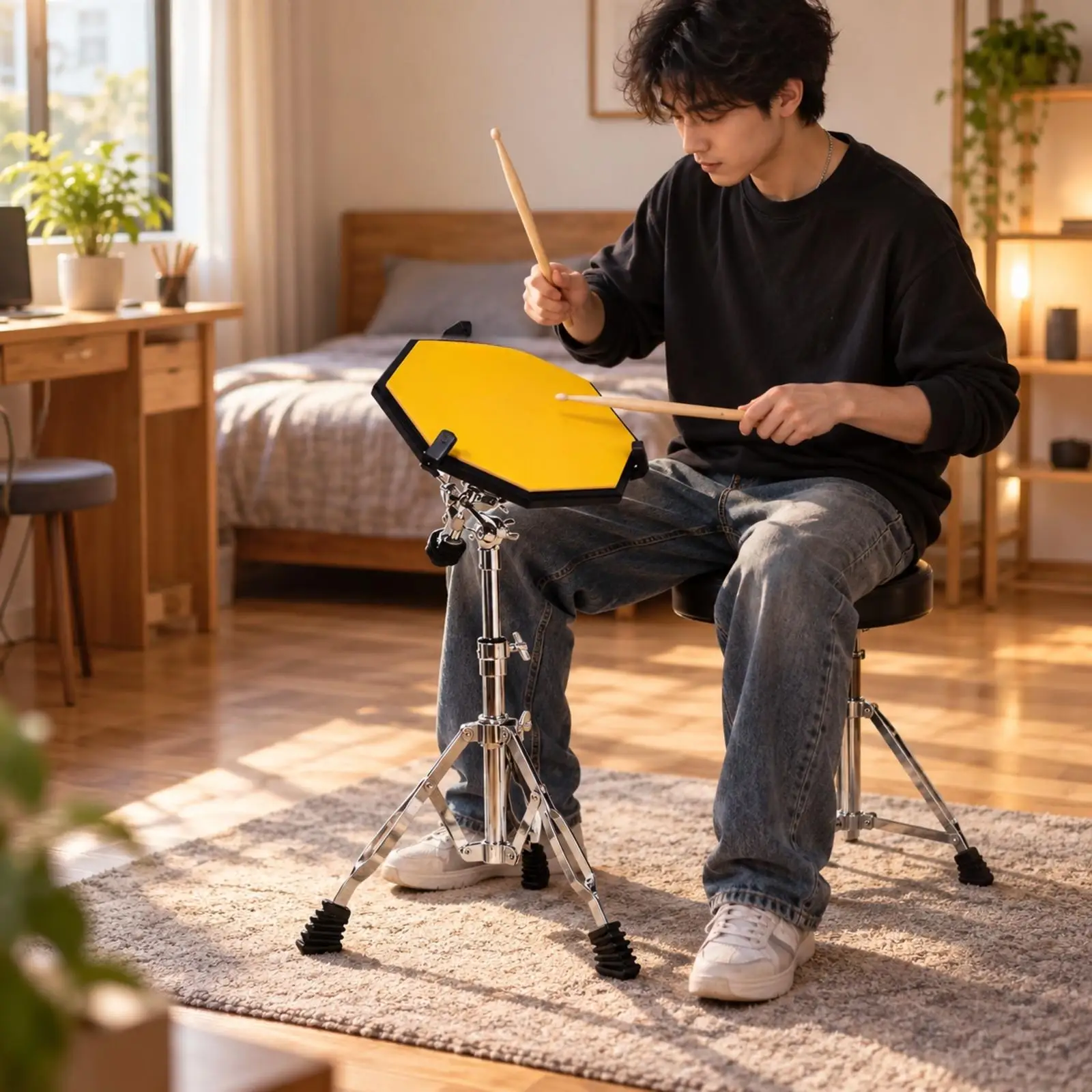 Low Volume Drum Practice Pad with Snare Stand and Rubberized Feet for Home Lessons