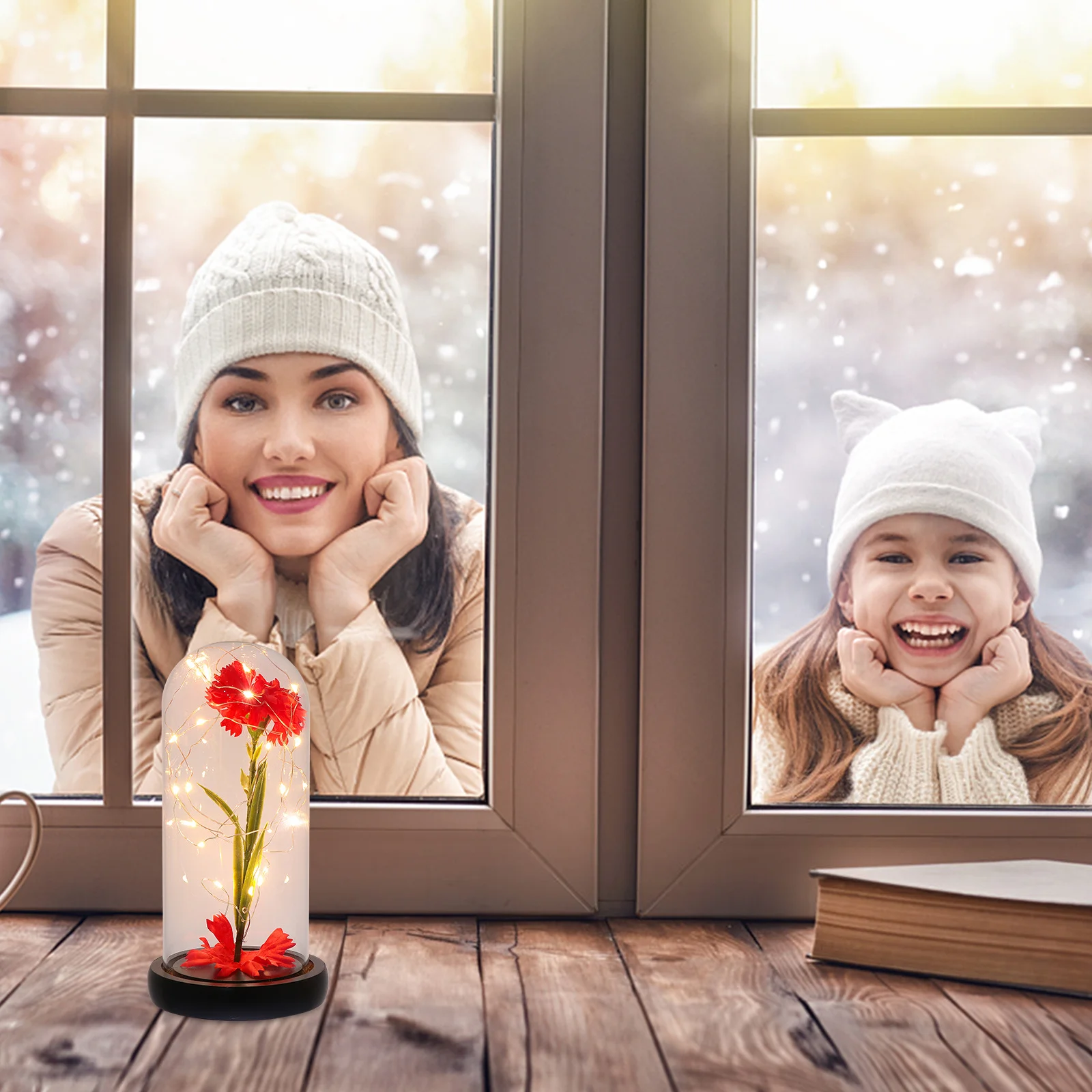 

Simulated Carnation Lamp Glass Dome Flower Light Elegant Night Light for Bedroom Living Room Mother's Day Gift