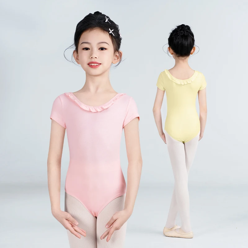 

Girls Kids Ballet Leotards Ruffled Collar Dance Leotard Teen Short Sleeve Cotton Dance Gymnastic Bodysuits