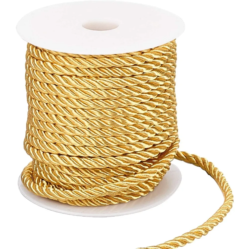 5mm Decorative Twisted Cord 3-Ply Gold Cord Polyester Silk Graduation Thread Shiny Viscose Cording for Home Décor