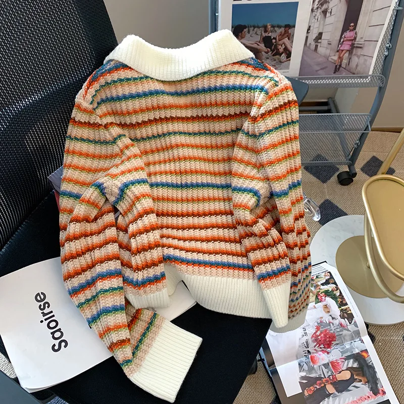 Regenbogen Gestreifte Gestrickte Pullover Frauen Frühling Herbst Retro Herz Taste Strickjacke Mode Turndown Kragen Lose Lange Ärmeln Top