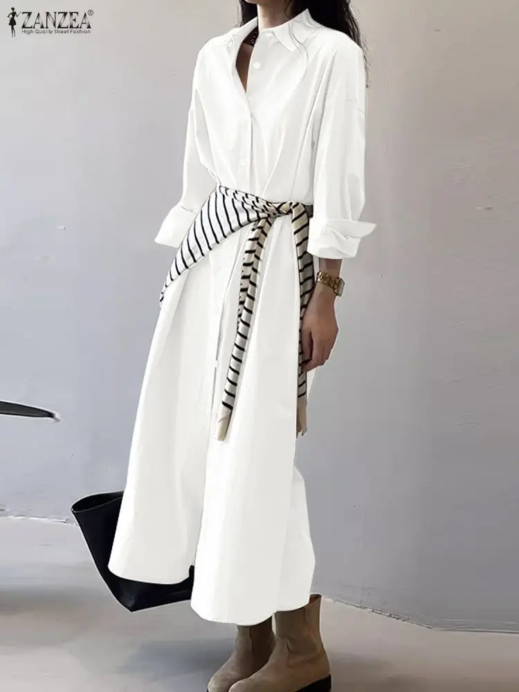 ZANZEA Moda Orlo a fessura Abiti lunghi Donna Casual Colletto rovesciato Manica lunga Bottoni Camicia tinta unita Abito da pendolarismo 3XL