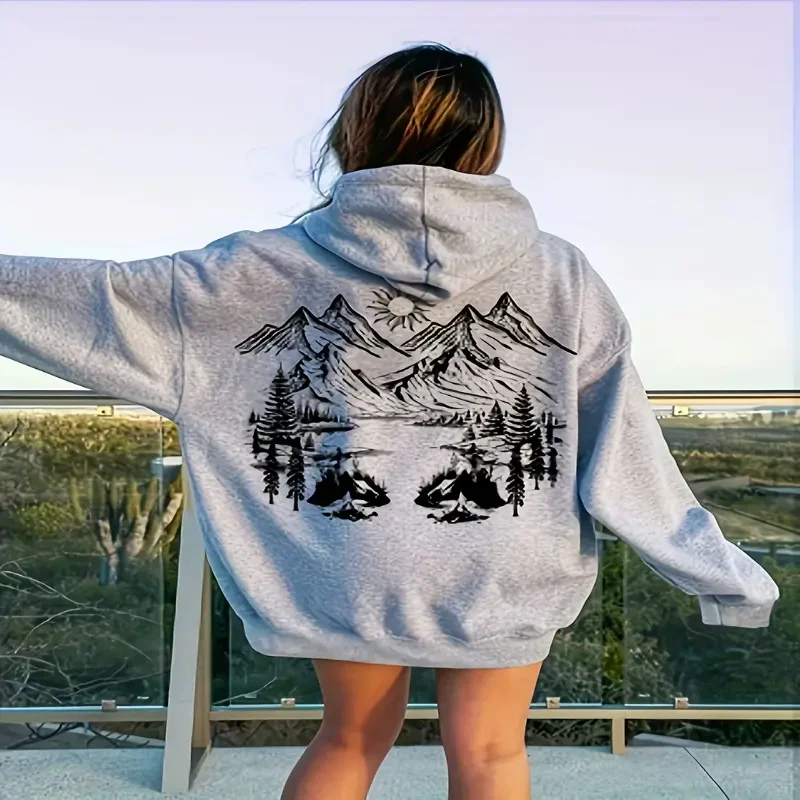 ผู้หญิงขนาดพิเศษลําลองHoodie Sunset MountainกราฟิกCozyเสื้อแขนยาวสีดําสีขาวออกแบบสําหรับสวมใส่ทุกวันStreetwear