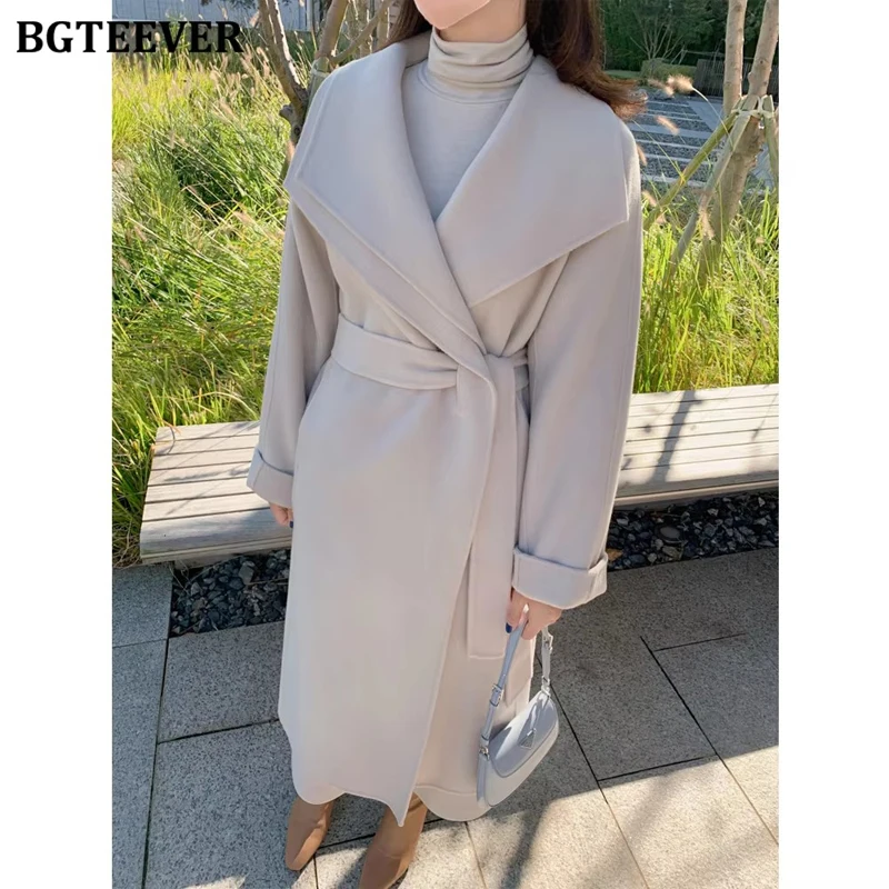 

BGTEEVER Stylish Loose Warm Woolen Coat Women Autumn Winter Long Sleeve Oversize Lace-up Women Blend Coats Ladies Outwear