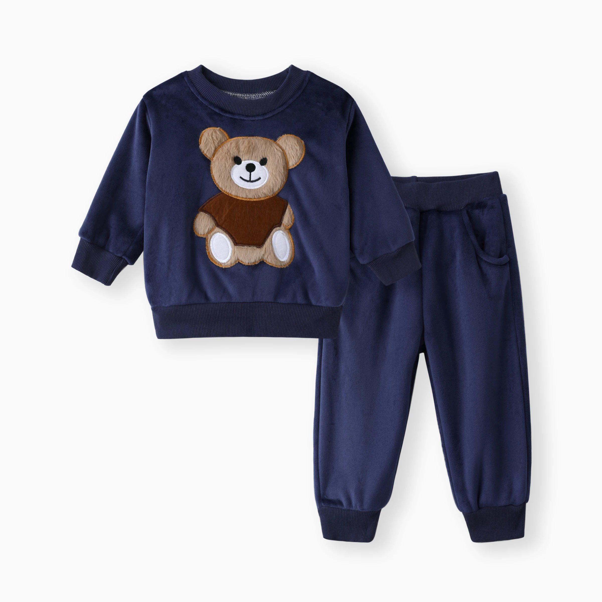 

PatPat 2pcs Baby Boy 95% Cotton Long-sleeve Cartoon Bear Pattern Thickened Fleece Lined Pullover and Trousers Set