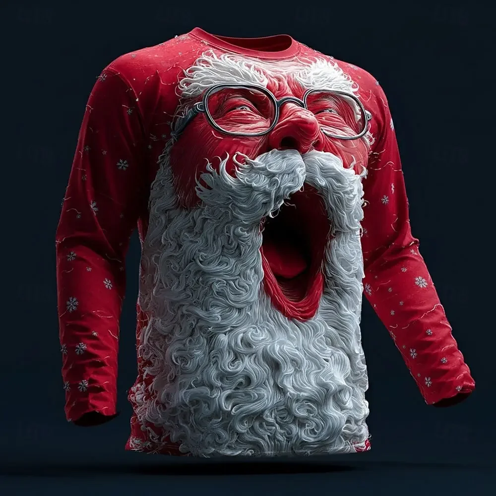 3DAll Over Print Santa Long Sleeve Tee Funny Xmas Face Graphic Snowflake Gift Crewneck Novelty Holiday Attire for ChristmasParty