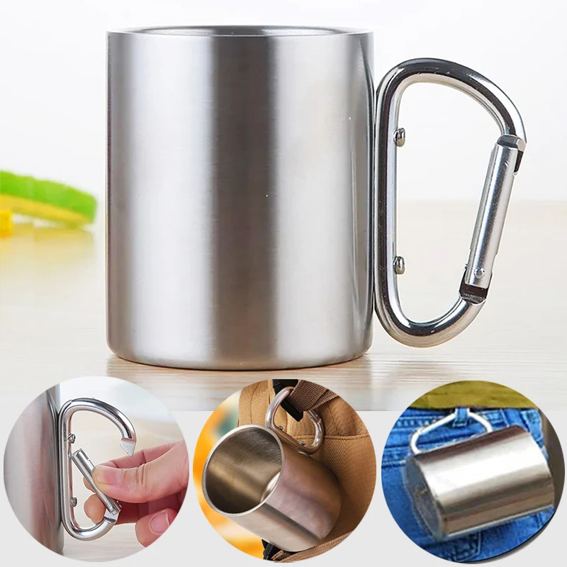 Camping Travel Stainless Steel Cup,Carabiner Hook Handle Picnic Water Mug,Utensils Outdoor Hike,Portable Tourist Tableware