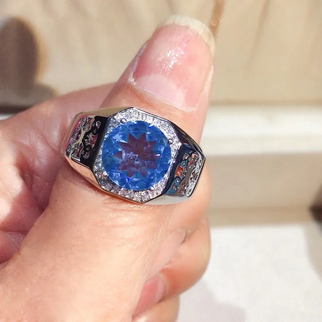 

Luxury Silver Topaz Ring for Party 4ct 10mm Natural Topaz Silver Man Ring November Birthstone Fashion 925 Silver Man Jewelry
