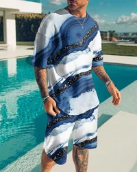 Estate nuovo vestito da uomo 3D Printig motivi geometrici camicia a maniche corte pantaloncini vestito camicia moda uomo due pezzi Set Streetwear