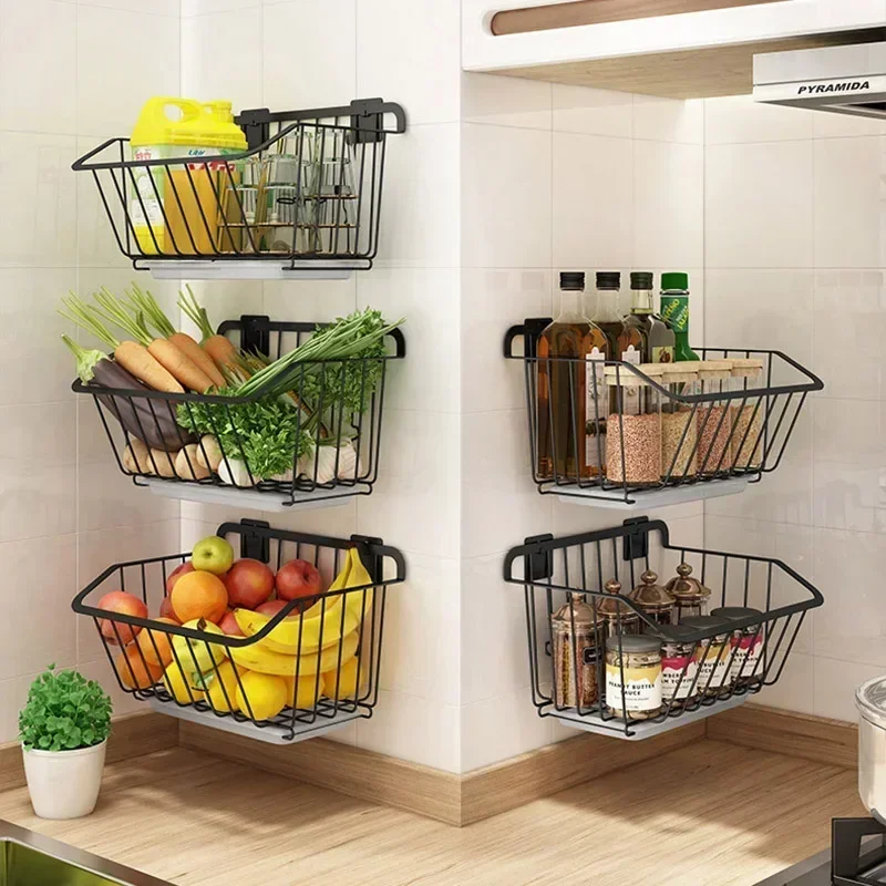 Kitchen Storage Basket Stainless Steel Fruit Vegetable Drain Storage Organizer Wall Mounted Spice Rack Dish Shelf Kitchen Tool