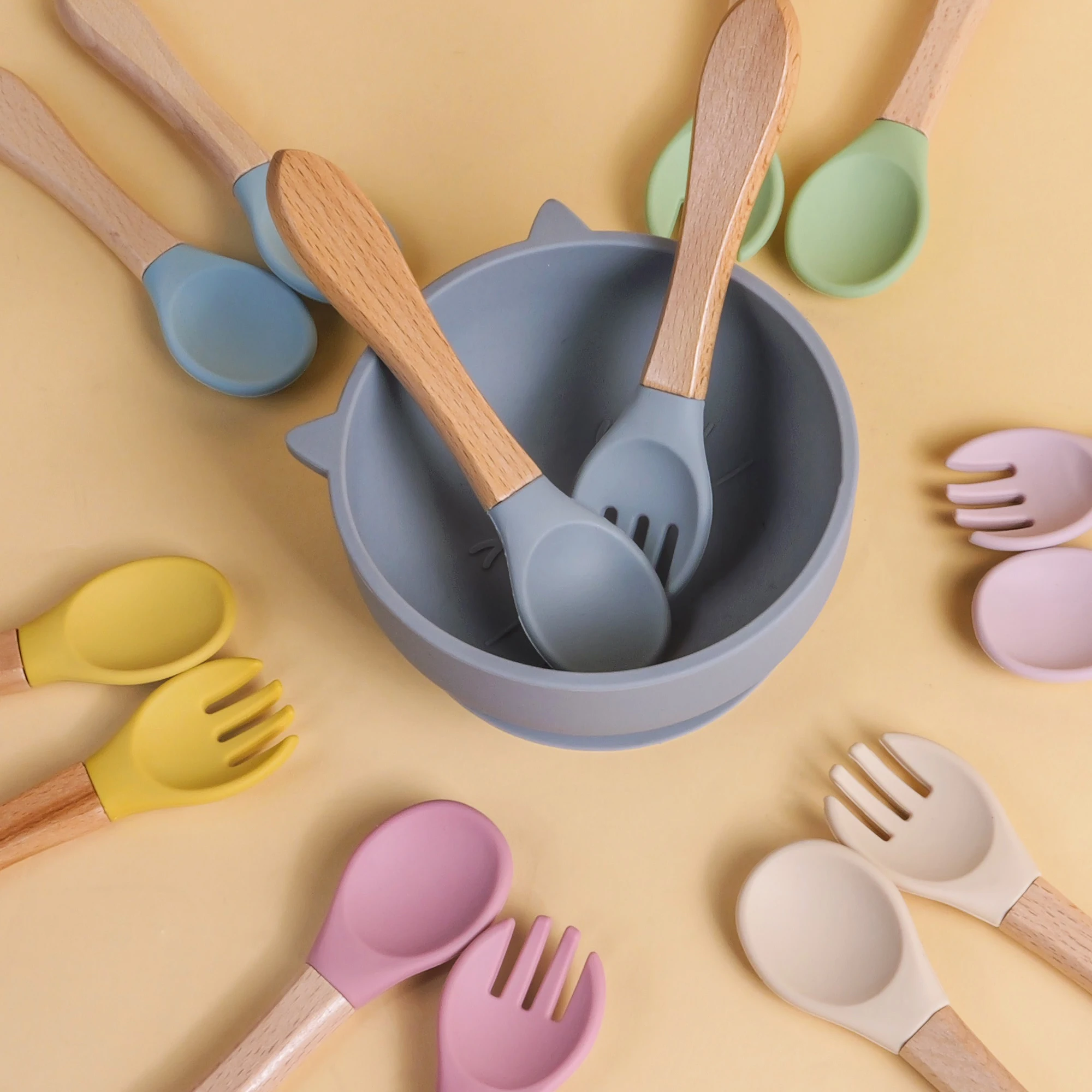 TYRY.HU 2PCS Baby Learning Spoons Utensils Set Wooden Handle Silicone Spoon Fork Cutlery Training Spoon Feeding Tableware