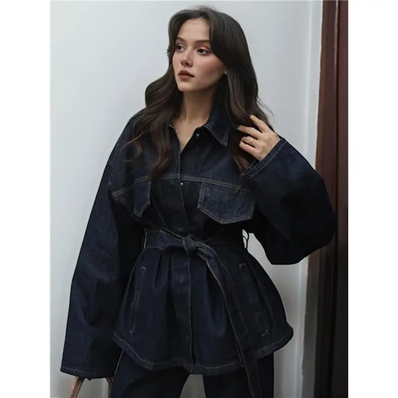 PORK-여성용 청자켓 가을옷 패션 버튼다운 데님 자켓 벨트 포함