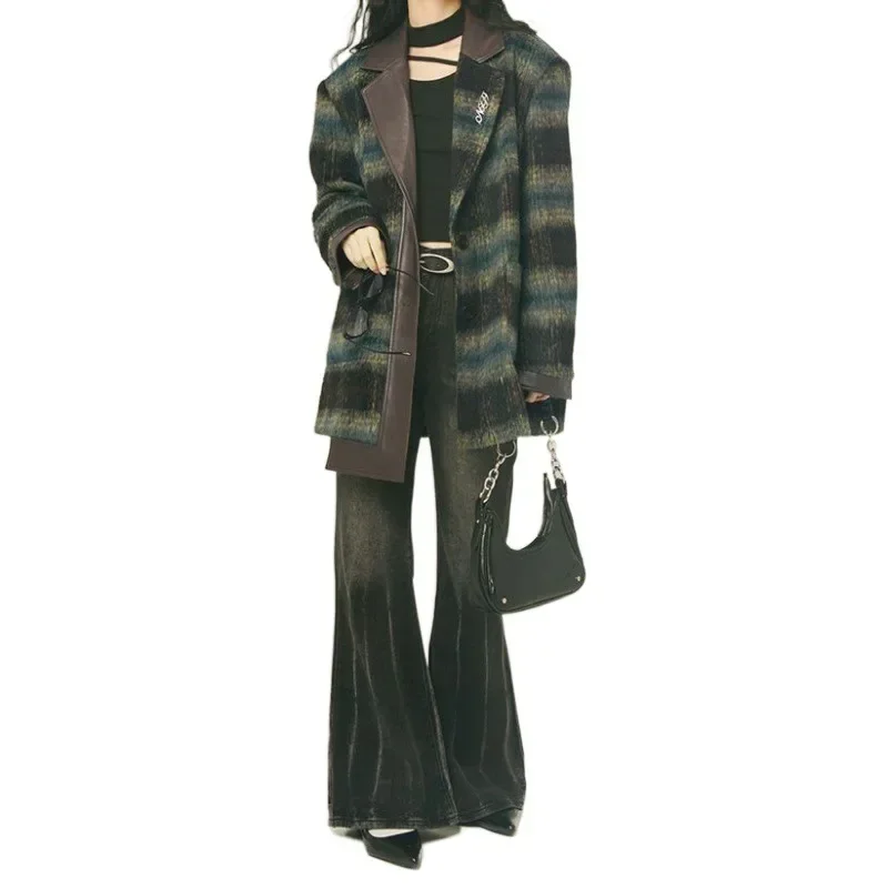 

Year retro woolen jacket feminine design silhouette suit plaid contrasting top autumn and winter