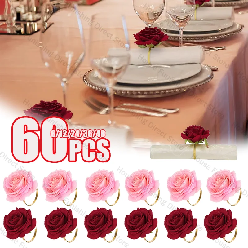 

2025 New Valentine's Day Napkin Rings Rose Metal Napkin Rings Faux Flower Napkin Rings Wedding Banquet Birthday Decoration