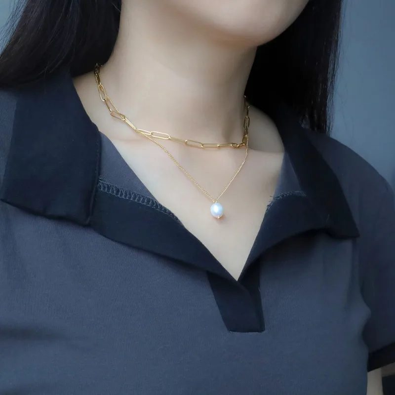 

Fashion Titanium Steel Clavicle Neck Chain Trend Cold Wind Pearl Pendant Double Layer Stacked Necklace Women