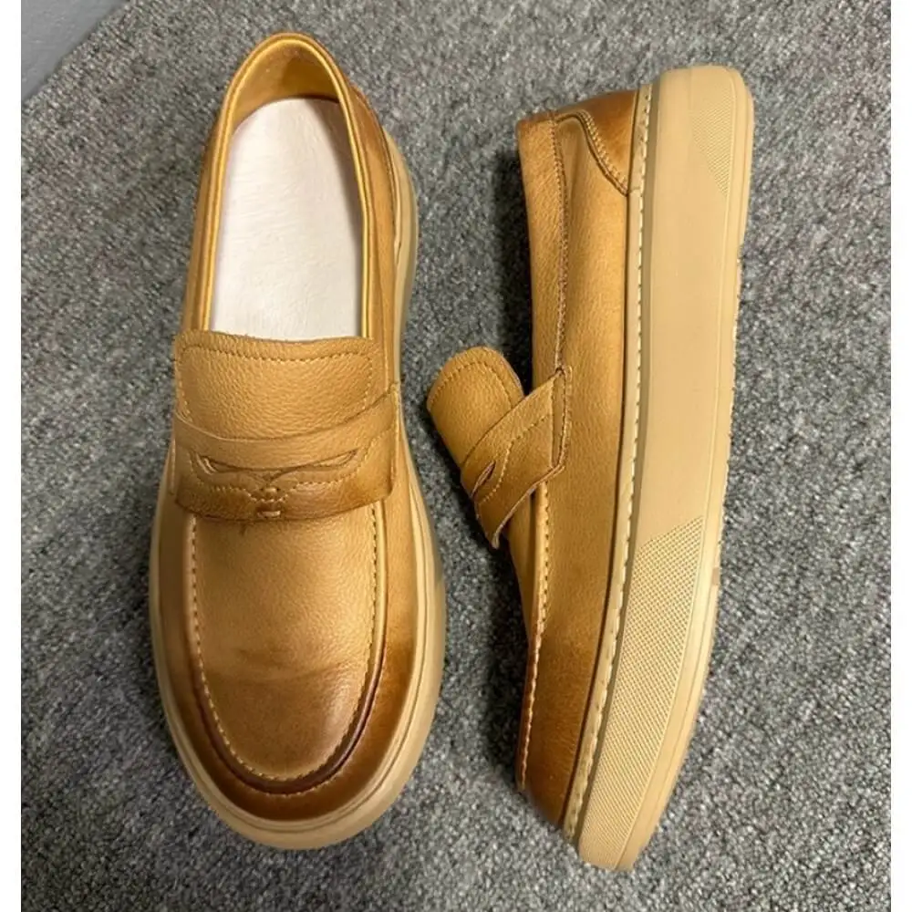 Handcrafted Tan Leather Platform Loafers – Superior Craftsmanship, Modern Minimalist Appeal