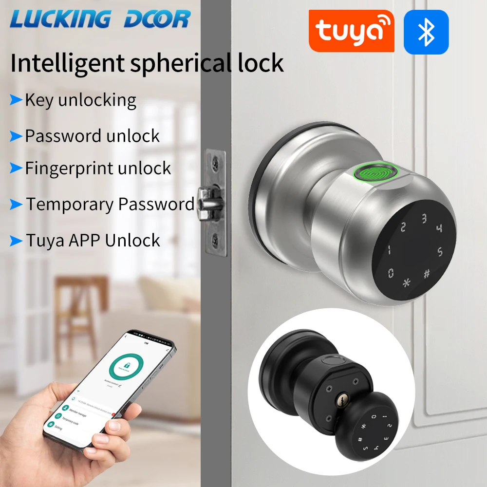 Smart Aluminum Alloy Round Door Knobs Rotation Lock With Tuya App + Key Knobset Handle Metal Door Knob Lock For Bedroom Bathroom