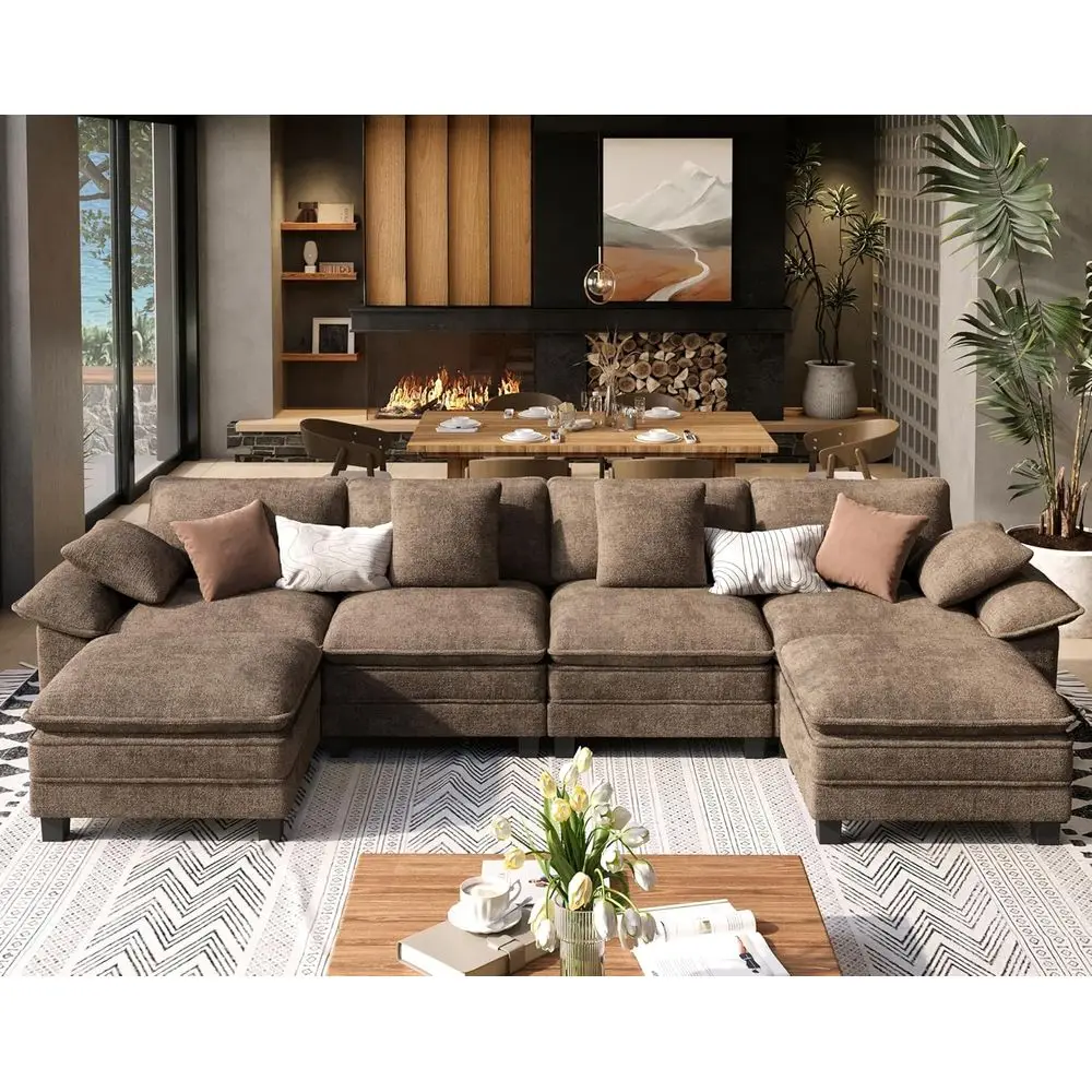 

Oversized Chenille 6-Seat Sectional Sofa with Wider Armrests and Ottoman, Deep Seating for Living Room or Bedroom, Taupe