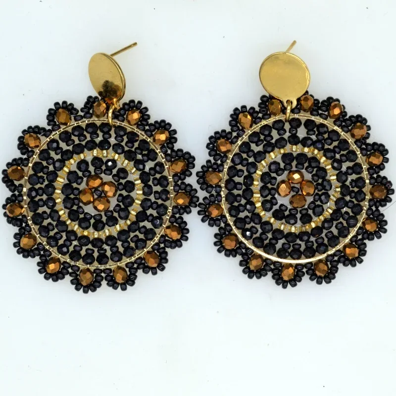 Bohemia Rice bead earrings Crystal Circle Hand-woven Double layer Female Hollowed-out Versatile Water drop Alloy Beaded earrings